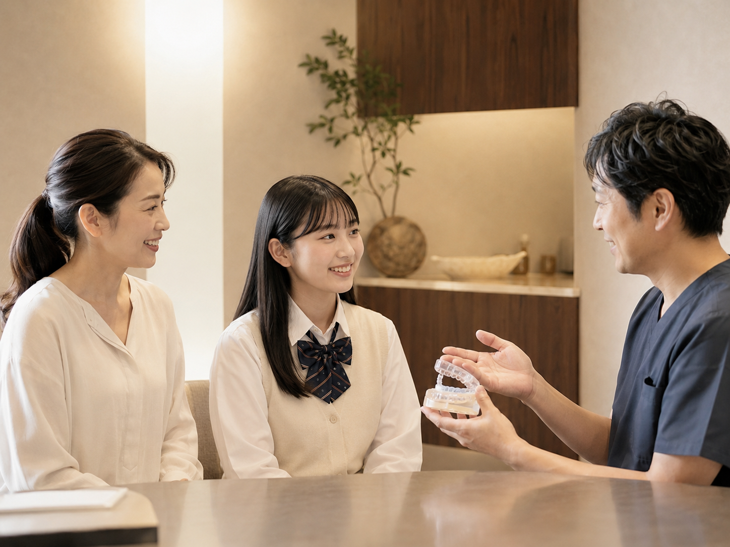 歯並びについて説明を受ける親子